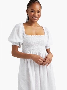 Hill House The Athena Nap Dress Short Puff Sleeve Sheer White Swiss Dot